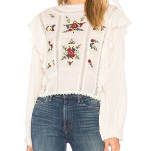 Free People Floral Embroidered Ruffle Long Sleeve Top, Size S